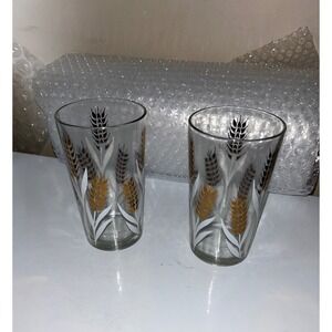 Vintage Mid Century Harvest Wheat Glass Tumblers Set of 2 Gold Brown White Retro